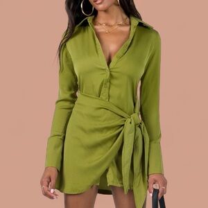 Princess Polly Long Sleeve Olive Button-Up Wrap Mini Dress, size 6